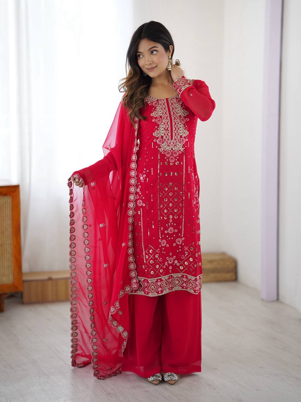 Luxury Faux Georgette Sequence Work Plazzo Suit Set for Festive Wear
