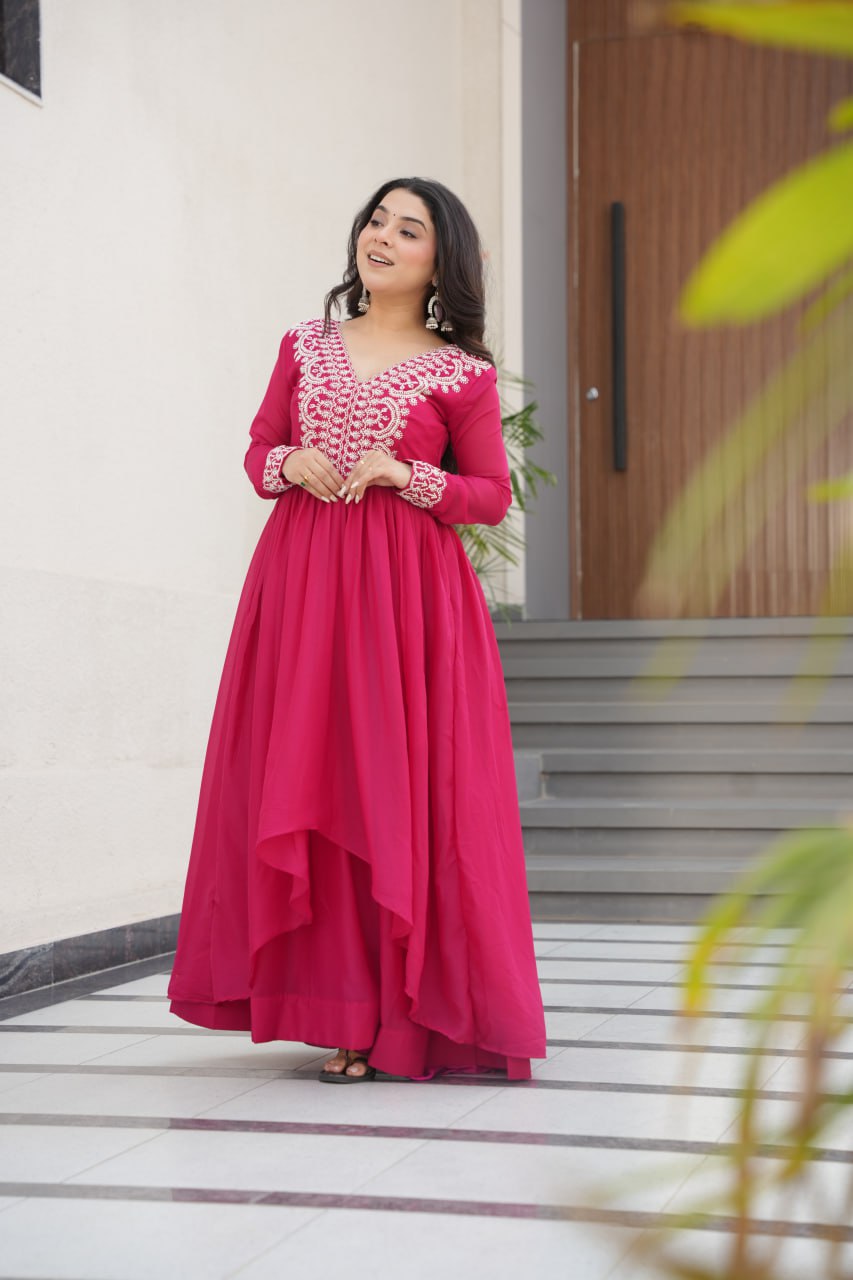 Star Georgette with Embroidery Beads Sequins Work Gown with Dupatta Set