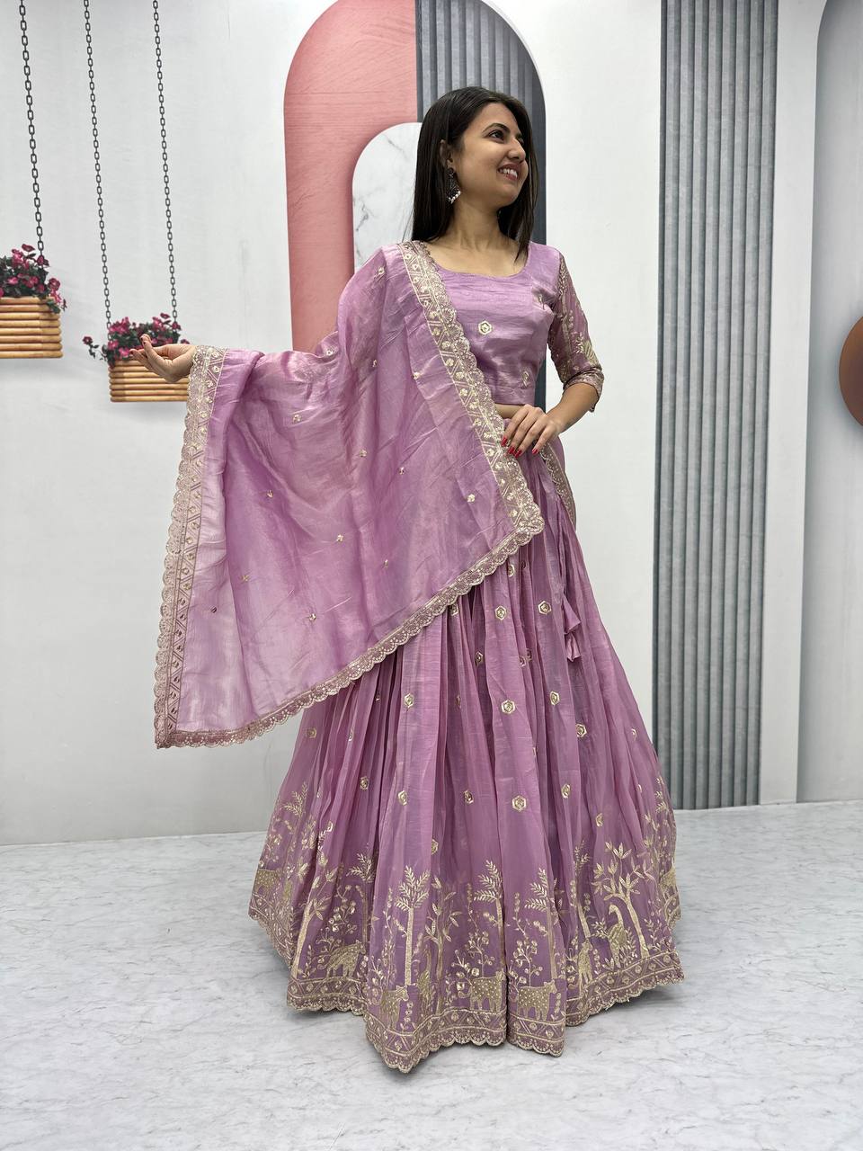 Festive Wear Pure Gold Crush Silk Embroidery Thread & Sequence Work Ready to Wear Lehenga Choli
