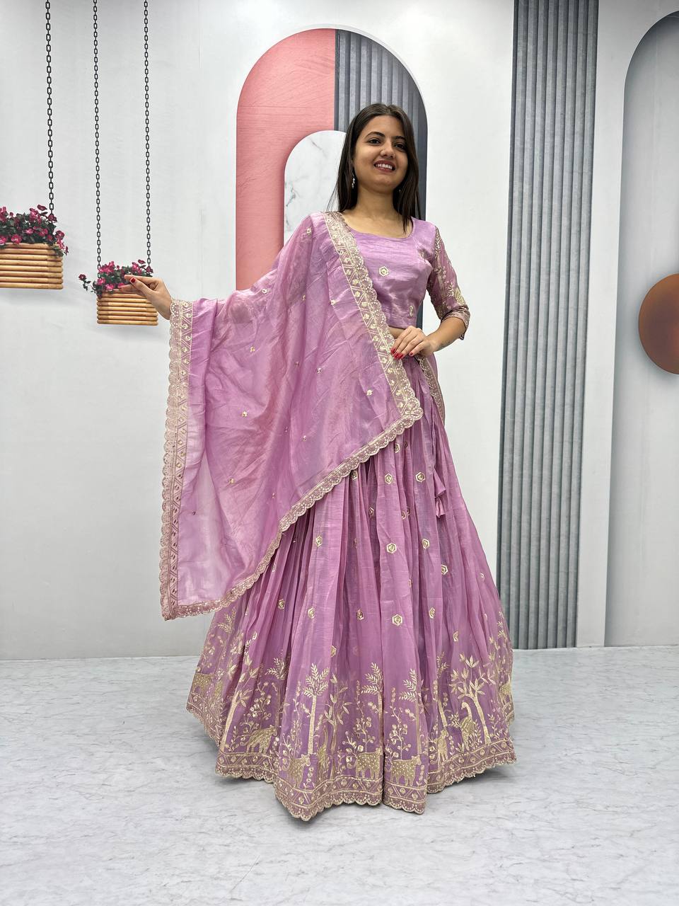 Festive Wear Pure Gold Crush Silk Embroidery Thread & Sequence Work Ready to Wear Lehenga Choli
