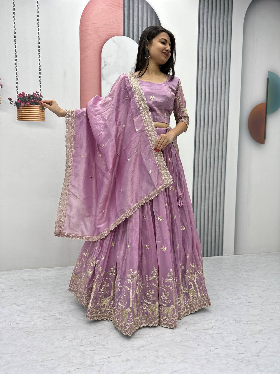 Festive Wear Pure Gold Crush Silk Embroidery Thread & Sequence Work Ready to Wear Lehenga Choli
