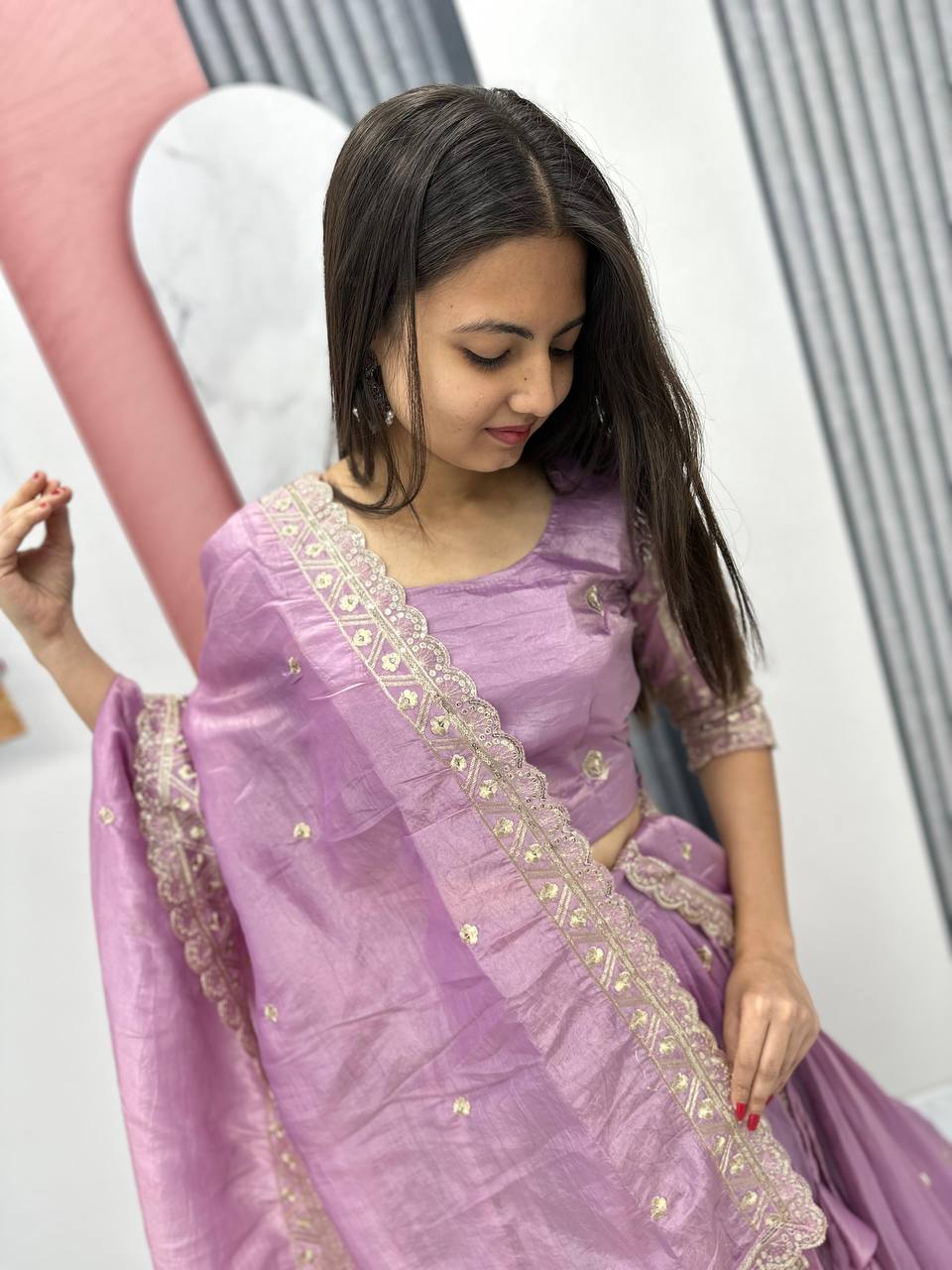 Festive Wear Pure Gold Crush Silk Embroidery Thread & Sequence Work Ready to Wear Lehenga Choli
