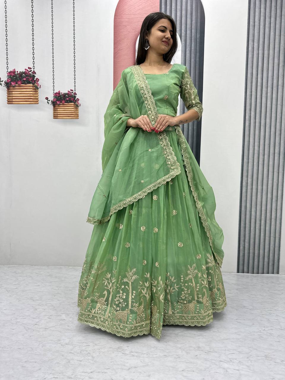 Festive Wear Pure Gold Crush Silk Embroidery Thread & Sequence Work Ready to Wear Lehenga Choli
