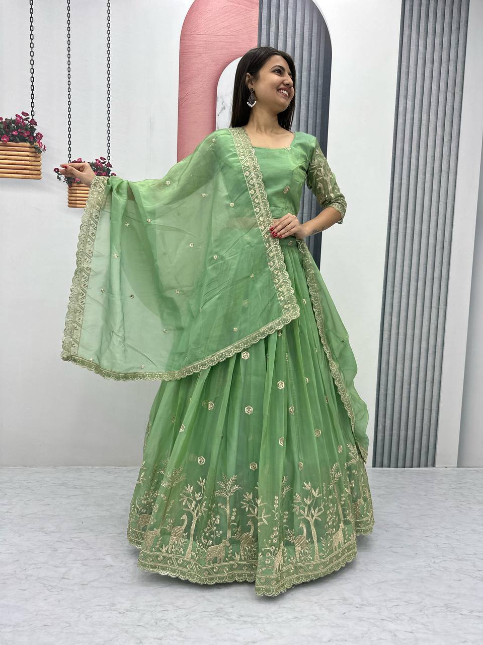 Festive Wear Pure Gold Crush Silk Embroidery Thread & Sequence Work Ready to Wear Lehenga Choli
