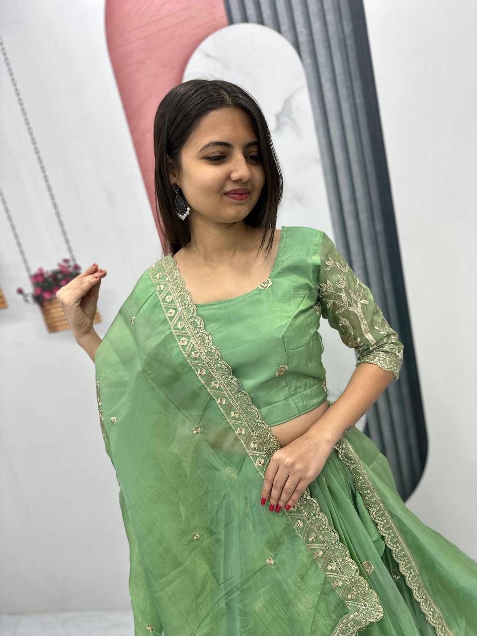 Festive Wear Pure Gold Crush Silk Embroidery Thread & Sequence Work Ready to Wear Lehenga Choli
