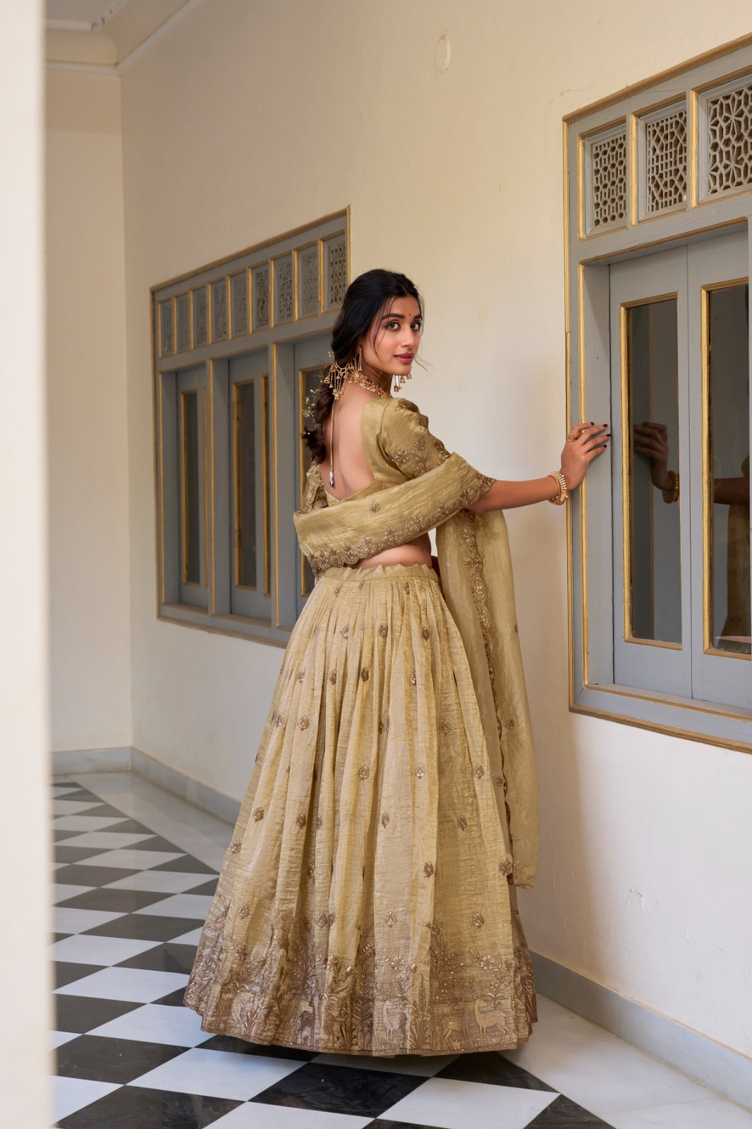 Majestic Gold Crush Embroidered Work Lehenga Choli Set with Dupatta For Women
