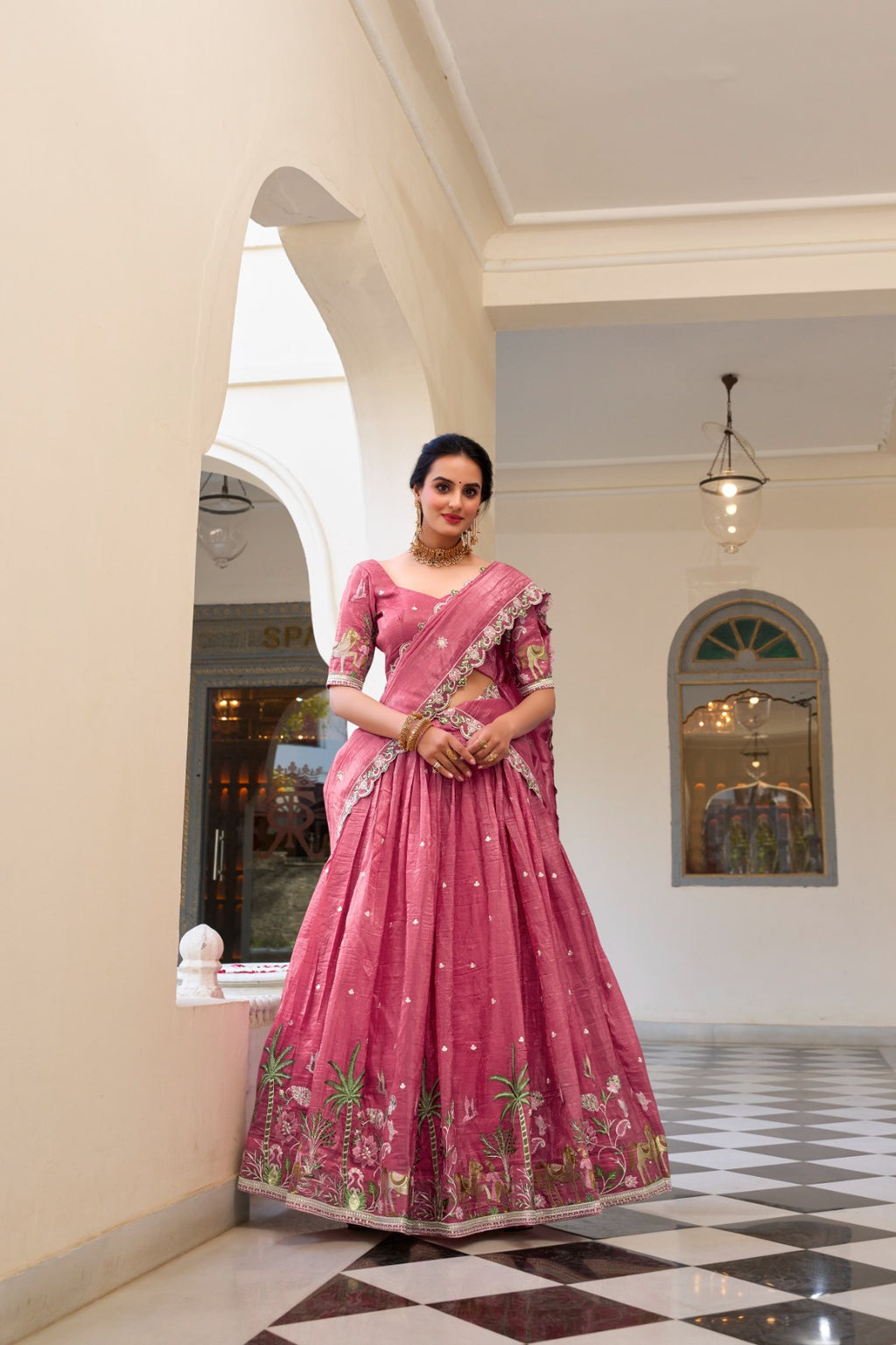 Majestic Gold Crush Embroidered Work Lehenga Choli Set with Dupatta For Women

