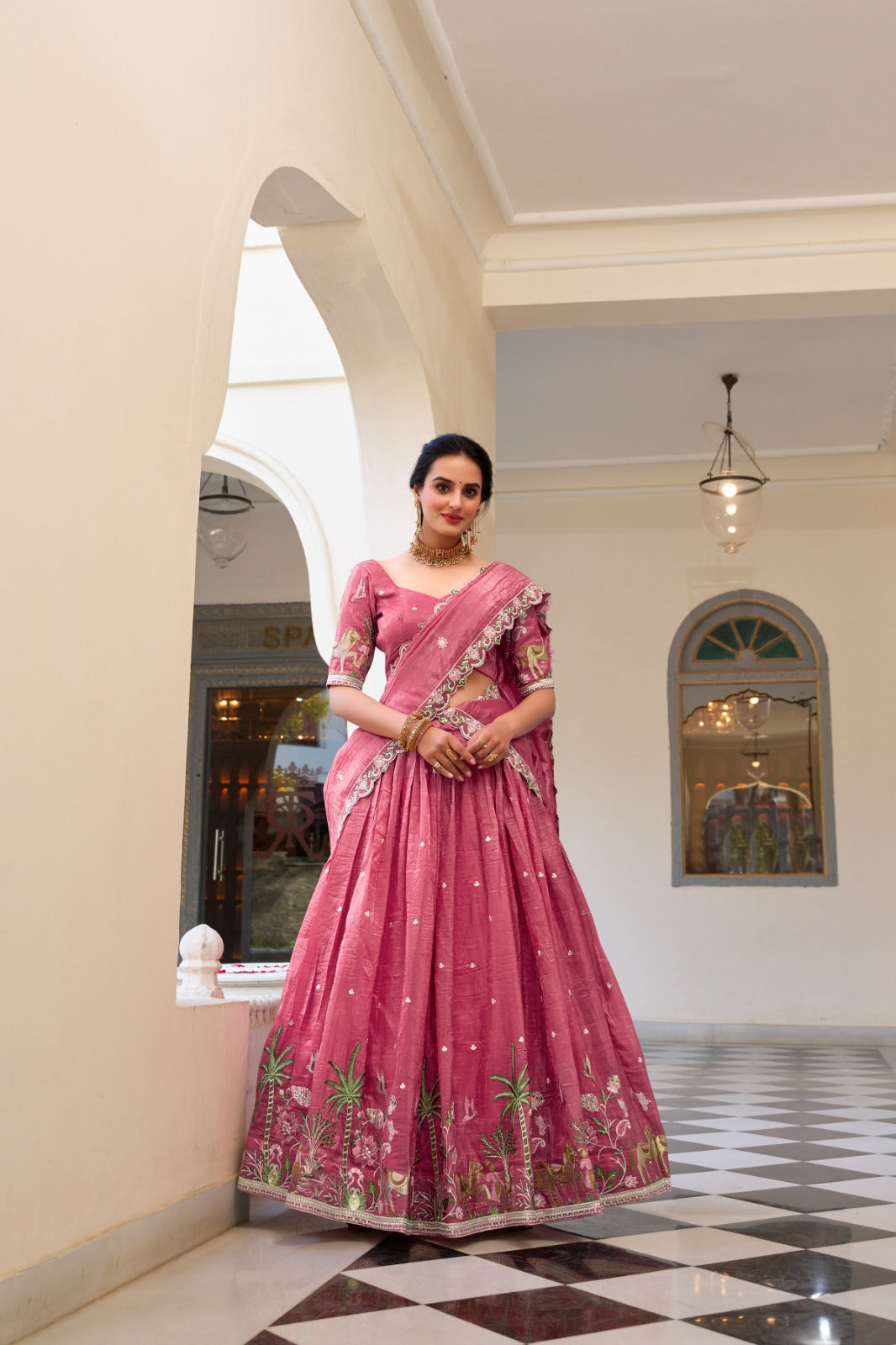 Majestic Gold Crush Embroidered Work Lehenga Choli Set with Dupatta For Women
