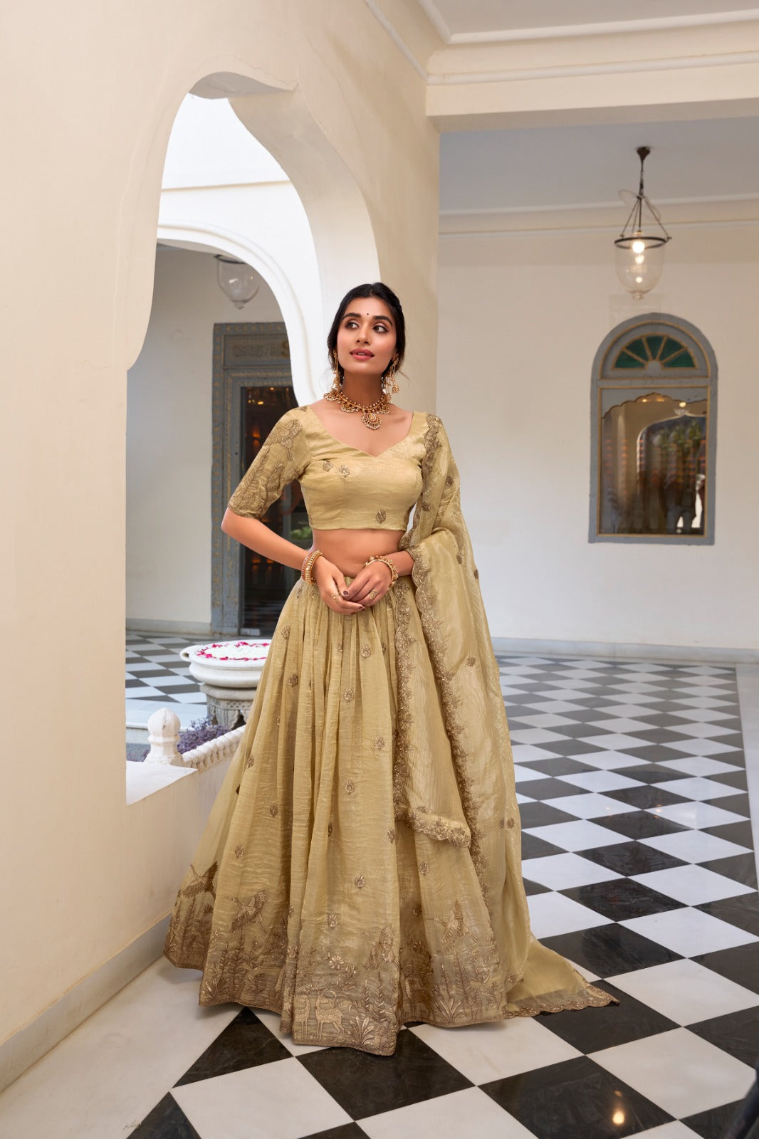 Majestic Gold Crush Embroidered Work Lehenga Choli Set with Dupatta For Women
