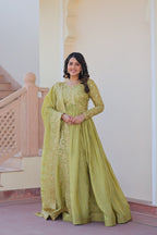 Stunning Gold Crush with Multi Thread Embroidery Sequins Work Gown Set