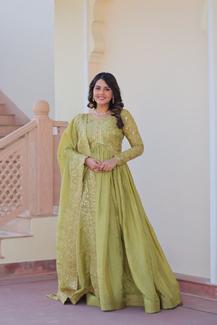 Stunning Gold Crush with Multi Thread Embroidery Sequins Work Gown Set