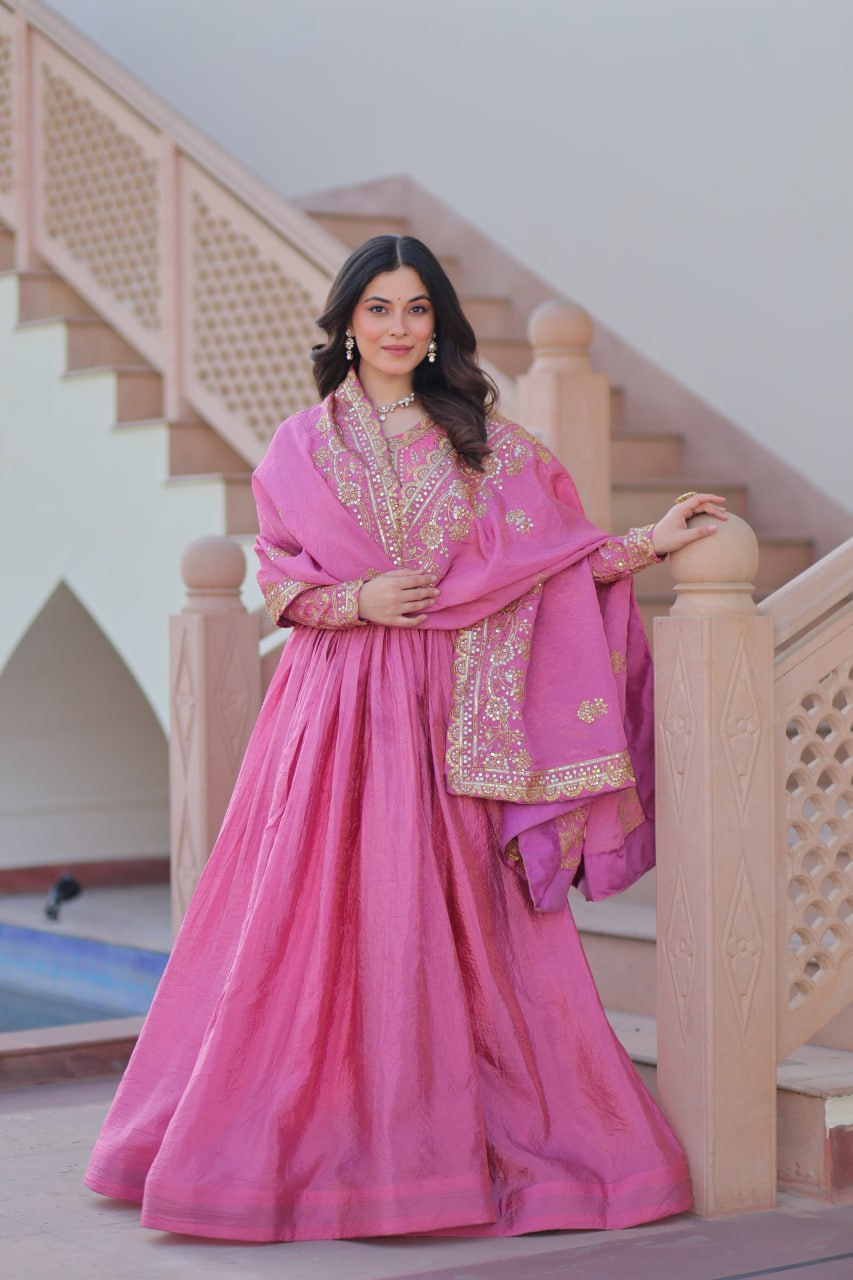 Stunning Gold Crush with Multi Thread Embroidery Sequins Work Gown Set