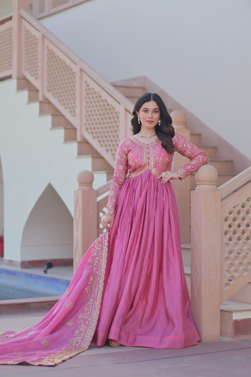 Stunning Gold Crush with Multi Thread Embroidery Sequins Work Gown Set