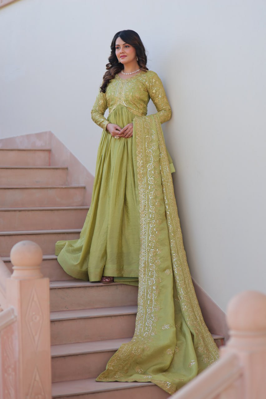Stunning Gold Crush with Multi Thread Embroidery Sequins Work Gown Set