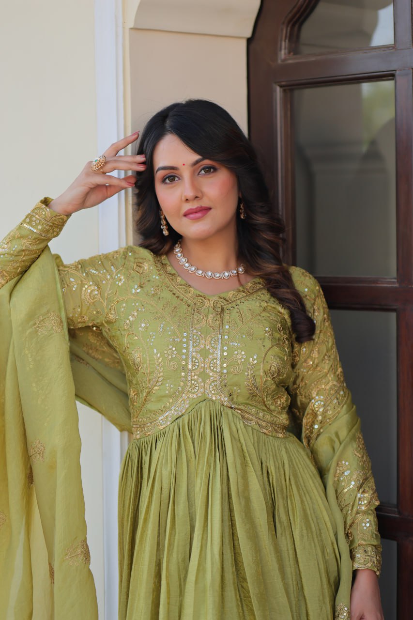 Stunning Gold Crush with Multi Thread Embroidery Sequins Work Gown Set