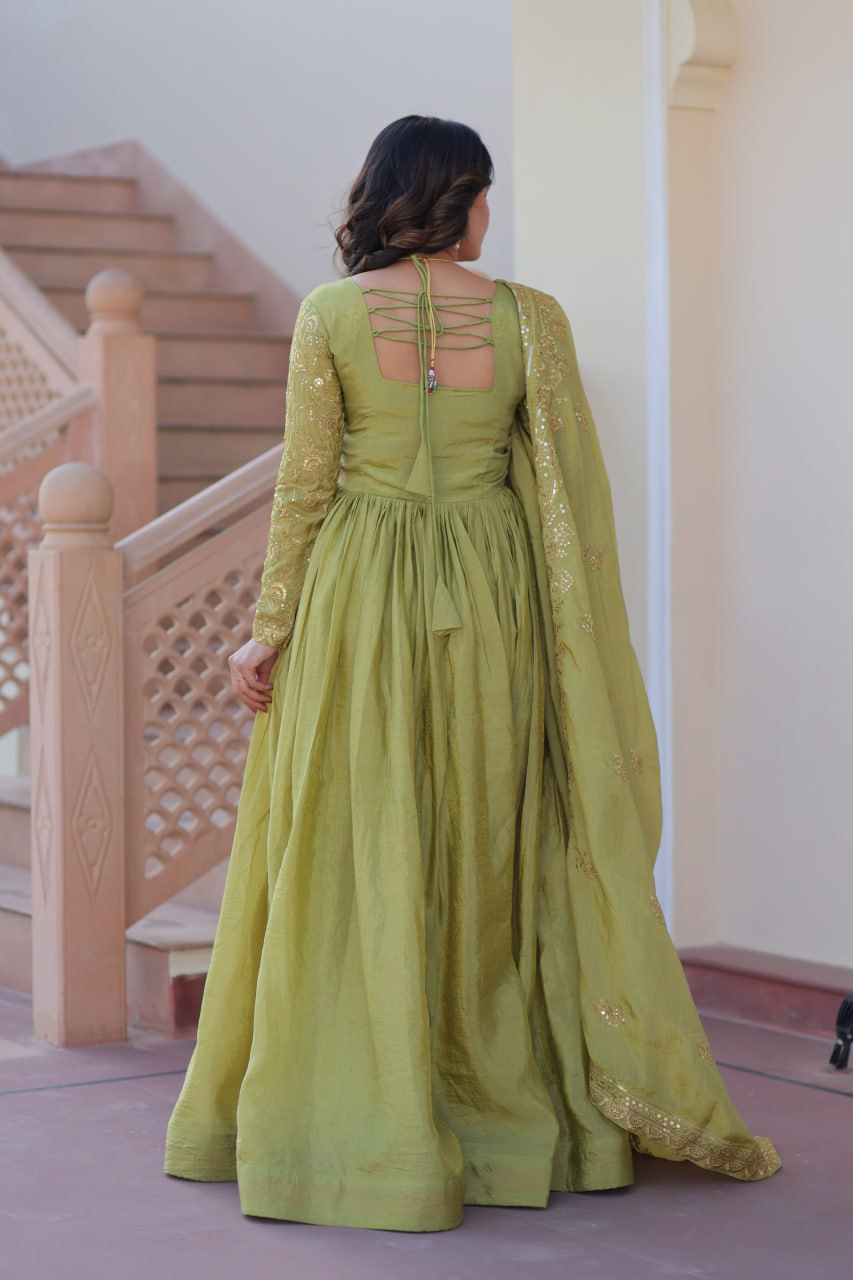 Stunning Gold Crush with Multi Thread Embroidery Sequins Work Gown Set