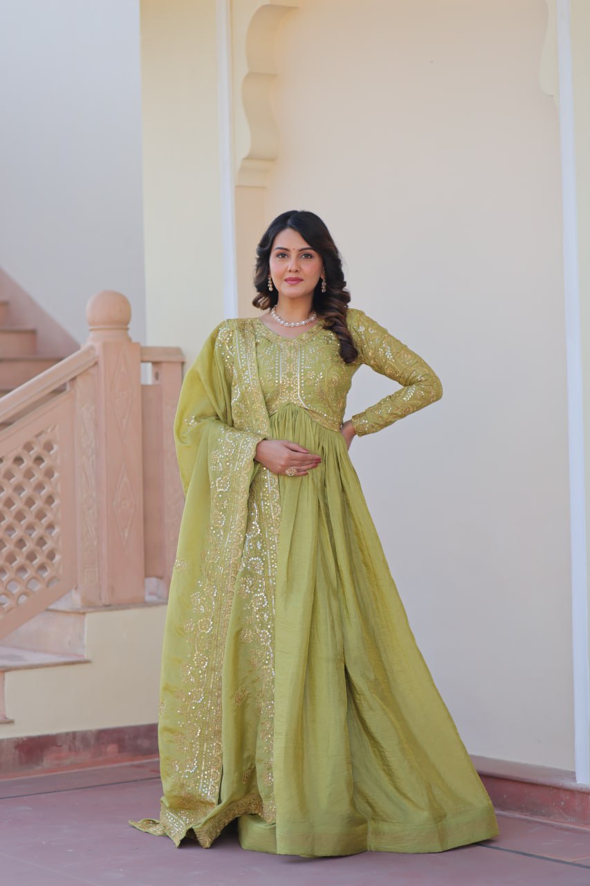 Stunning Gold Crush with Multi Thread Embroidery Sequins Work Gown Set