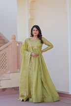Stunning Gold Crush with Multi Thread Embroidery Sequins Work Gown Set