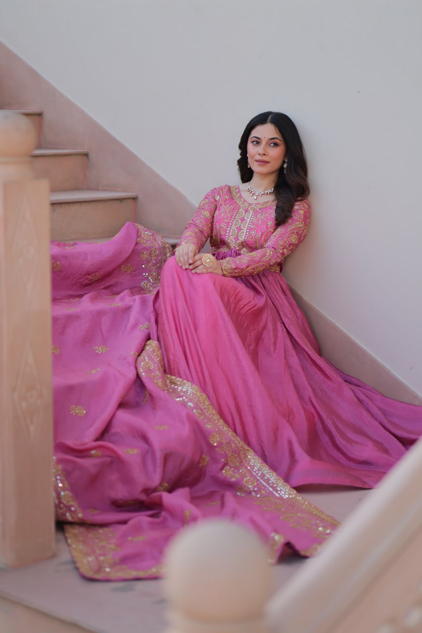 Stunning Gold Crush with Multi Thread Embroidery Sequins Work Gown Set