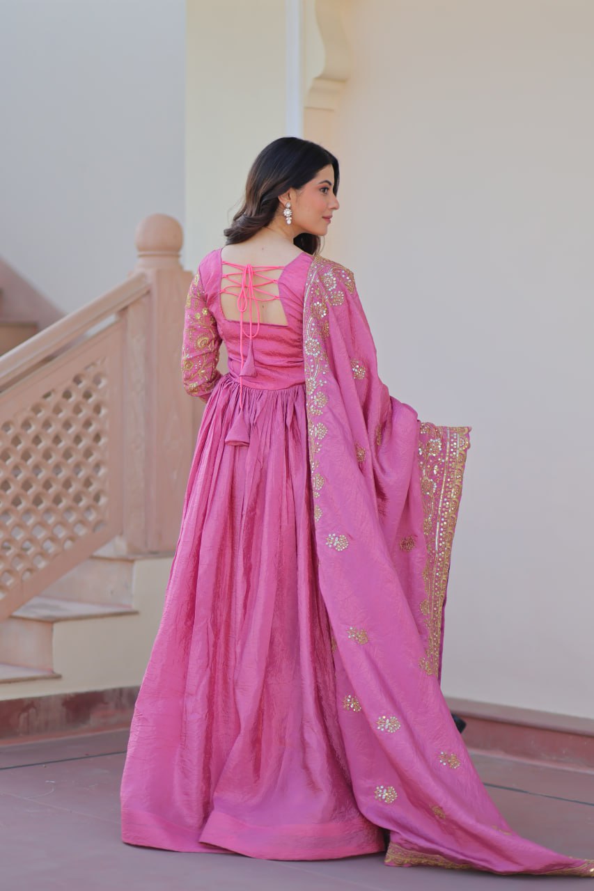 Stunning Gold Crush with Multi Thread Embroidery Sequins Work Gown Set
