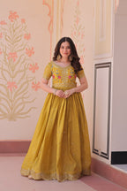 Stunning Gold Crush with Multi Thread Embroidery Zari Sequins Work Gown