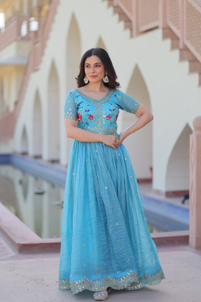 Stunning Gold Crush with Multi Thread Embroidery Zari Sequins Work Gown