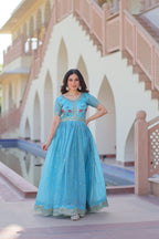 
Stunning Gold Crush with Multi Thread Embroidery Zari Sequins Work Gown