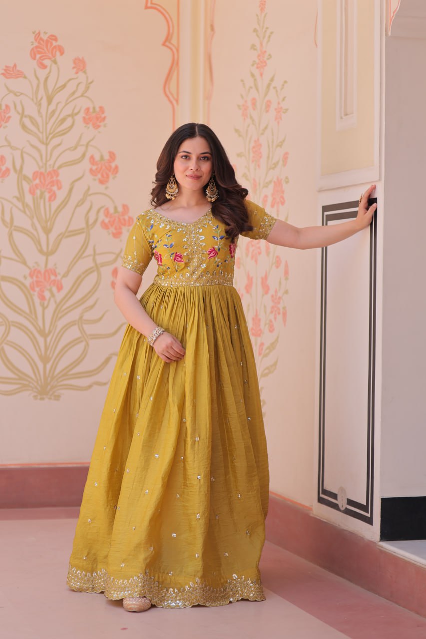 Stunning Gold Crush with Multi Thread Embroidery Zari Sequins Work Gown