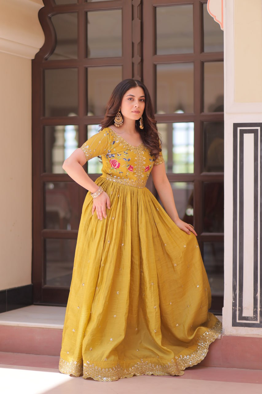 Stunning Gold Crush with Multi Thread Embroidery Zari Sequins Work Gown