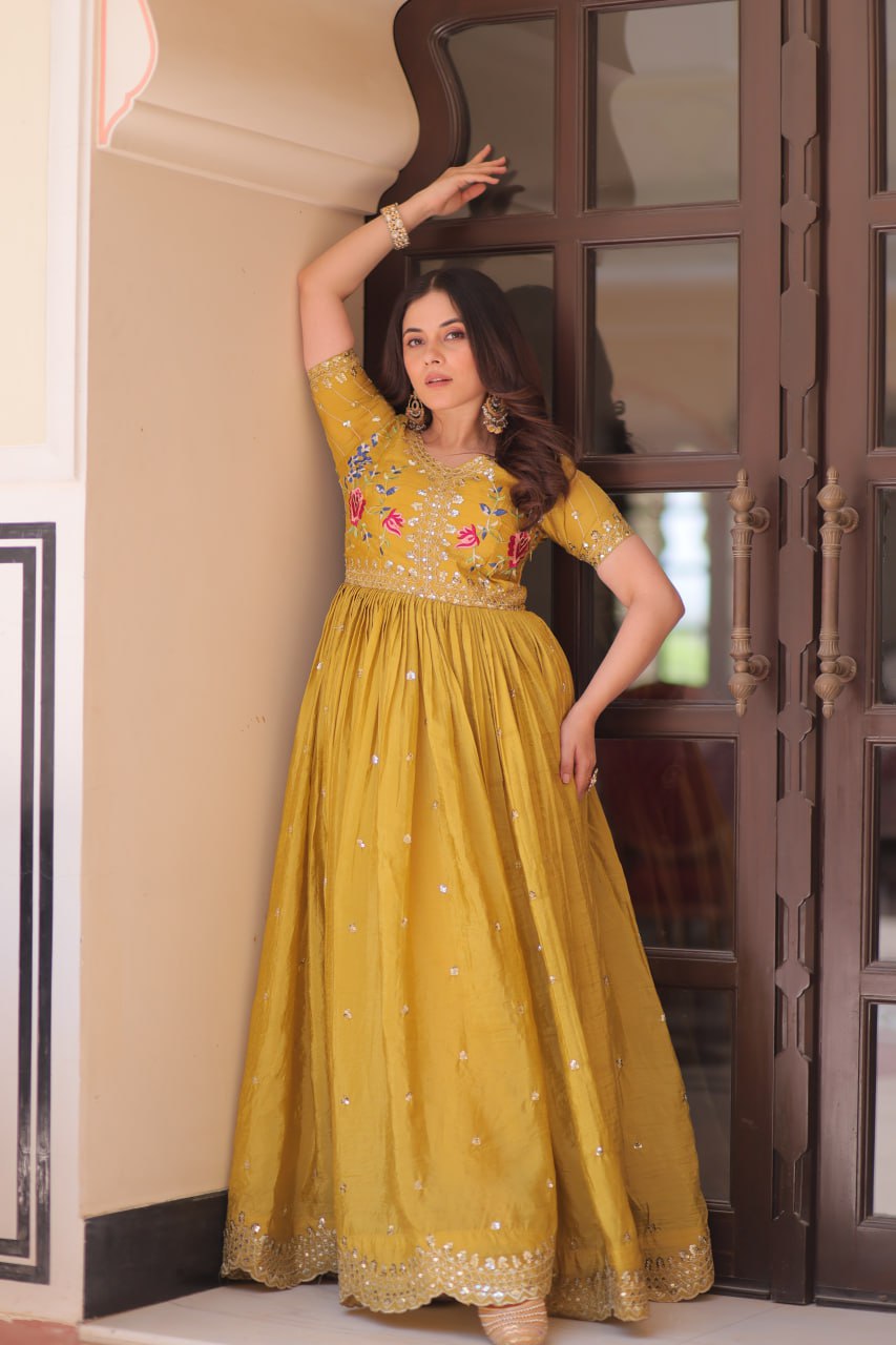 
Stunning Gold Crush with Multi Thread Embroidery Zari Sequins Work Gown
