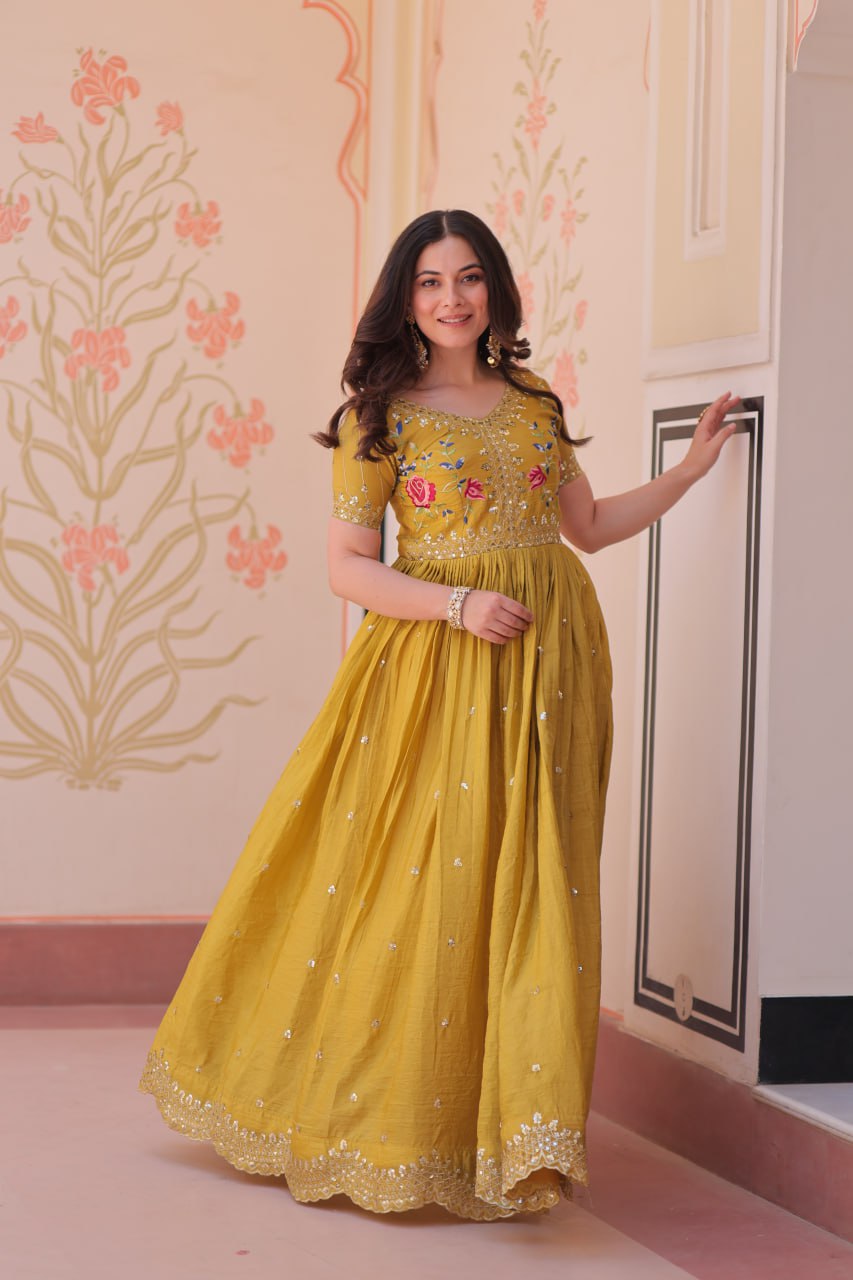 Stunning Gold Crush with Multi Thread Embroidery Zari Sequins Work Gown
