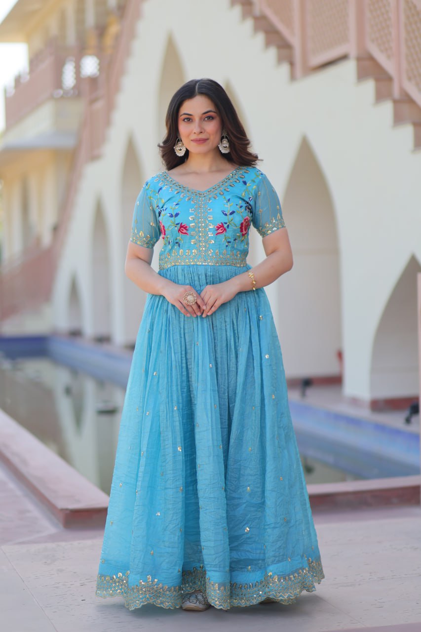 Stunning Gold Crush with Multi Thread Embroidery Zari Sequins Work Gown