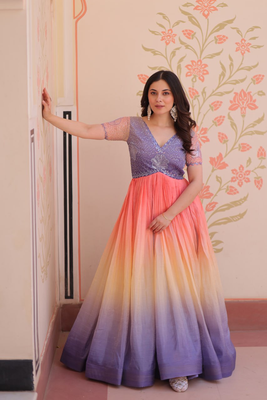 Gold Crush Padding With Beads Embroidered Work Gown
