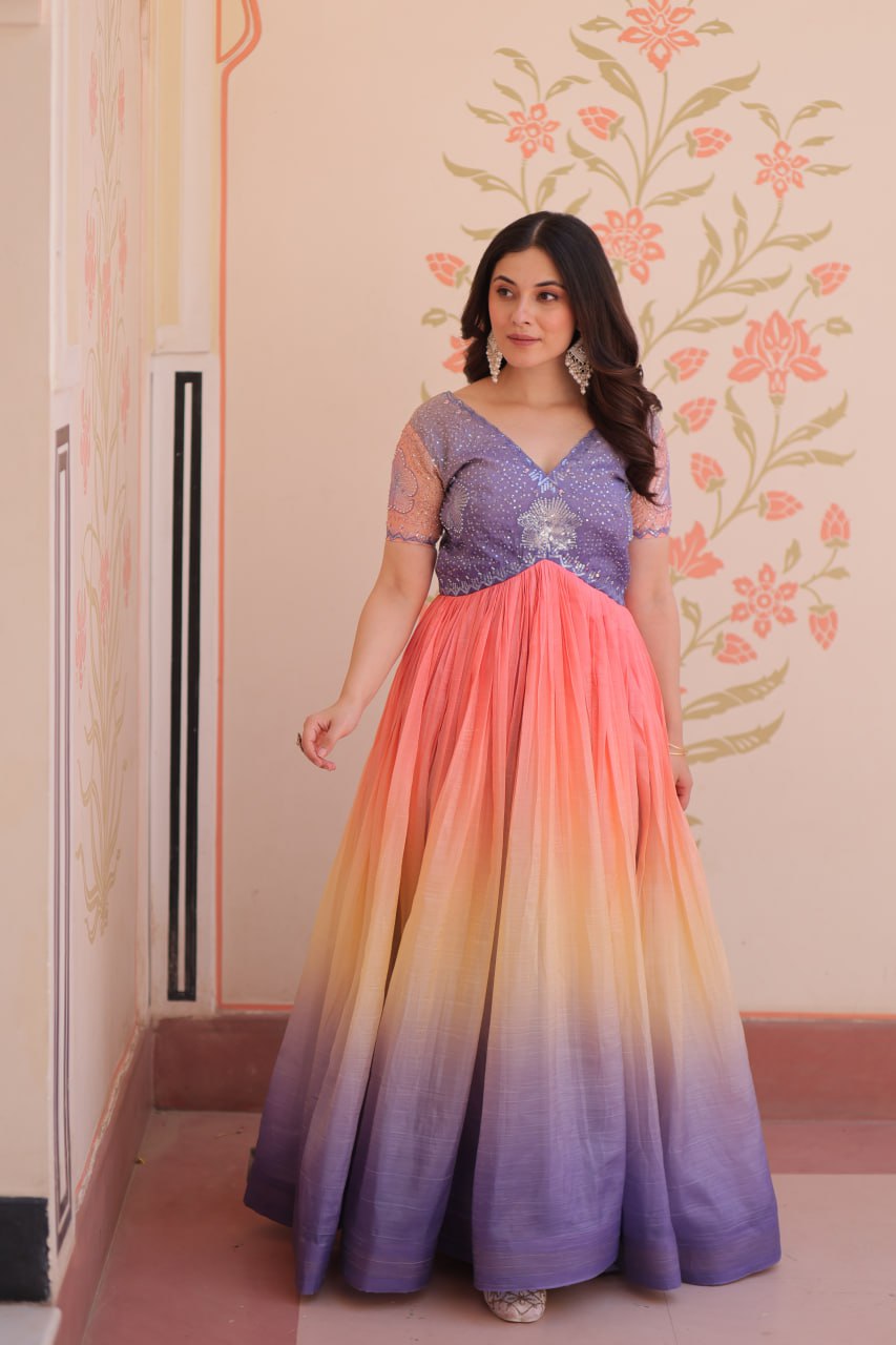 Gold Crush Padding With Beads Embroidered Work Gown
