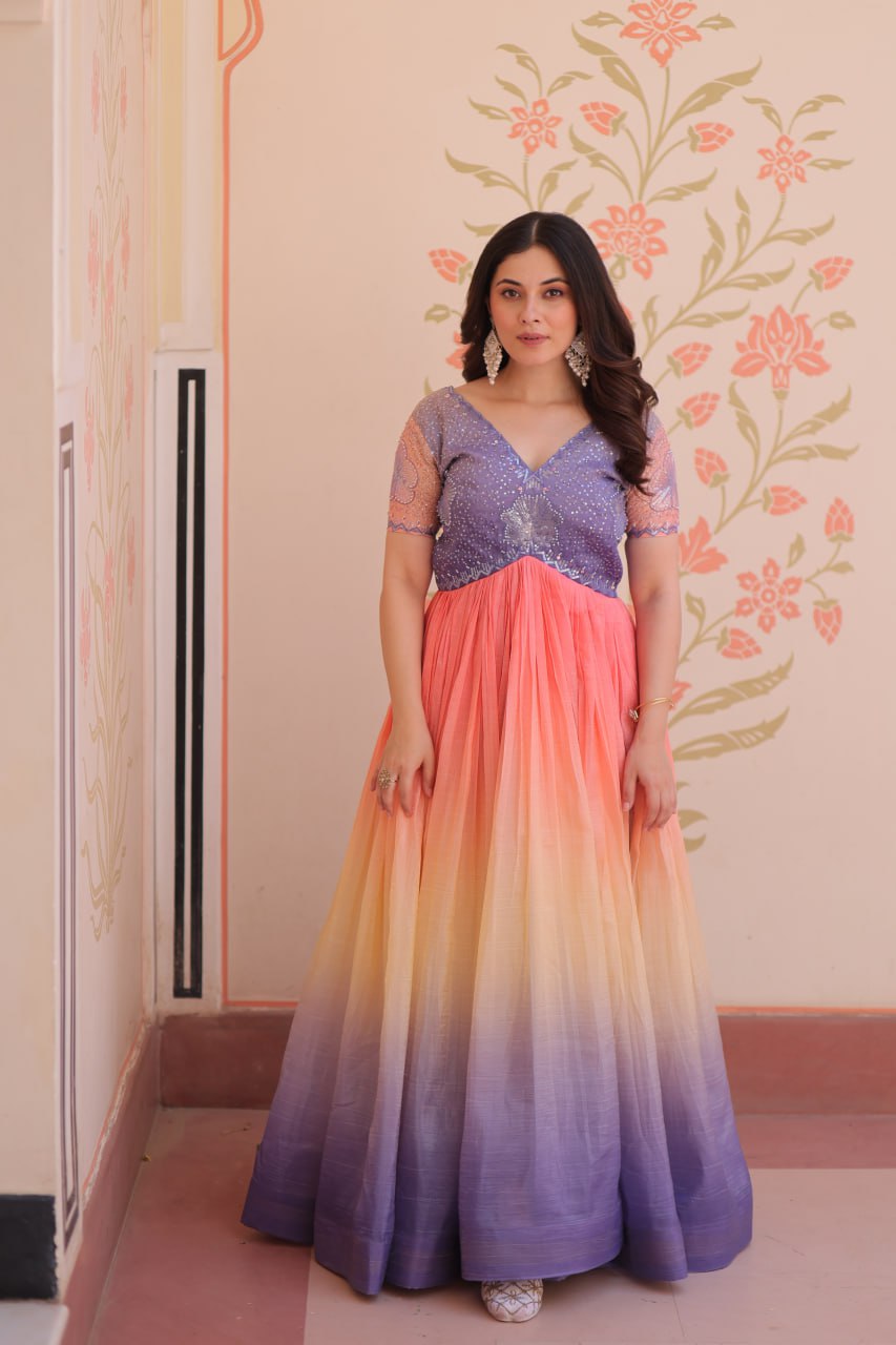 Gold Crush Padding With Beads Embroidered Work Gown
