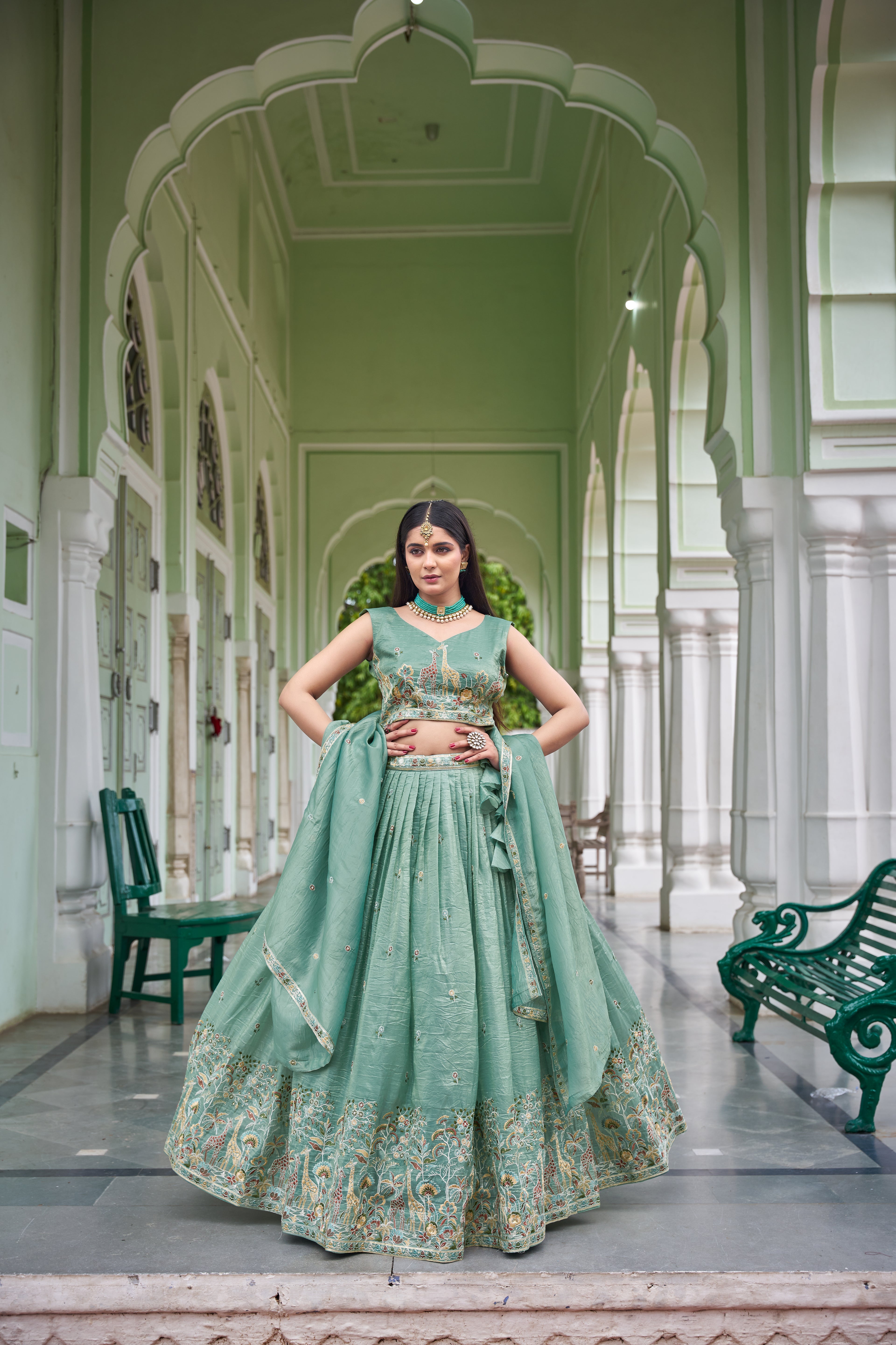 Designer Gold Crush Fabric with Rich Thread & Sequin Lehenga