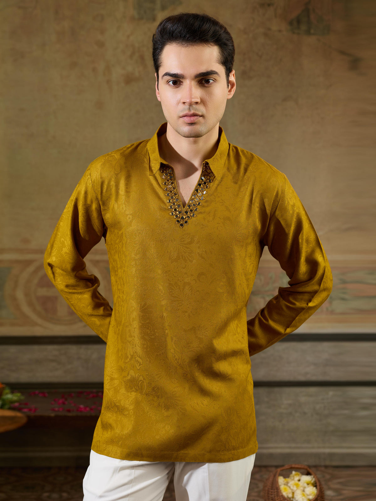 Gold Jacquard Rayon V Neck Kurta Set | Tulip Designer
