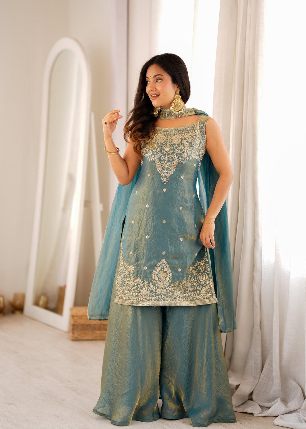 Luxury Sea Greeen Fendi Silk Embroidery Kurti Sharara Set with Dupatta
