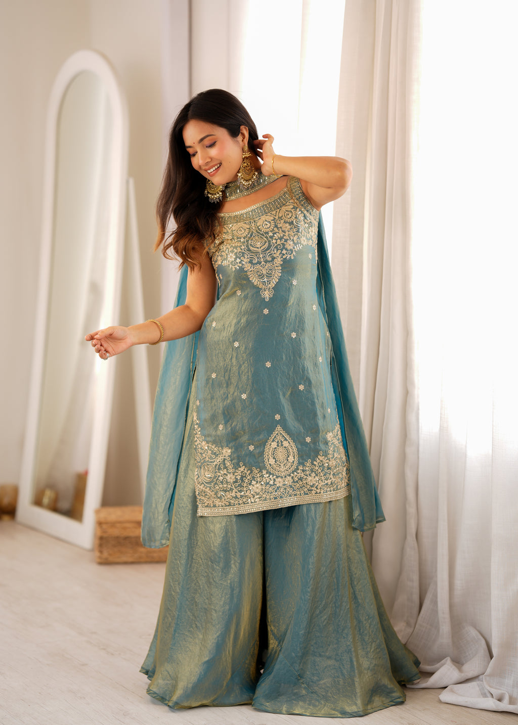 Luxury Sea Greeen Fendi Silk Embroidery Kurti Sharara Set with Dupatta

