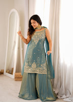 Luxury Sea Greeen Fendi Silk Embroidery Kurti Sharara Set with Dupatta
