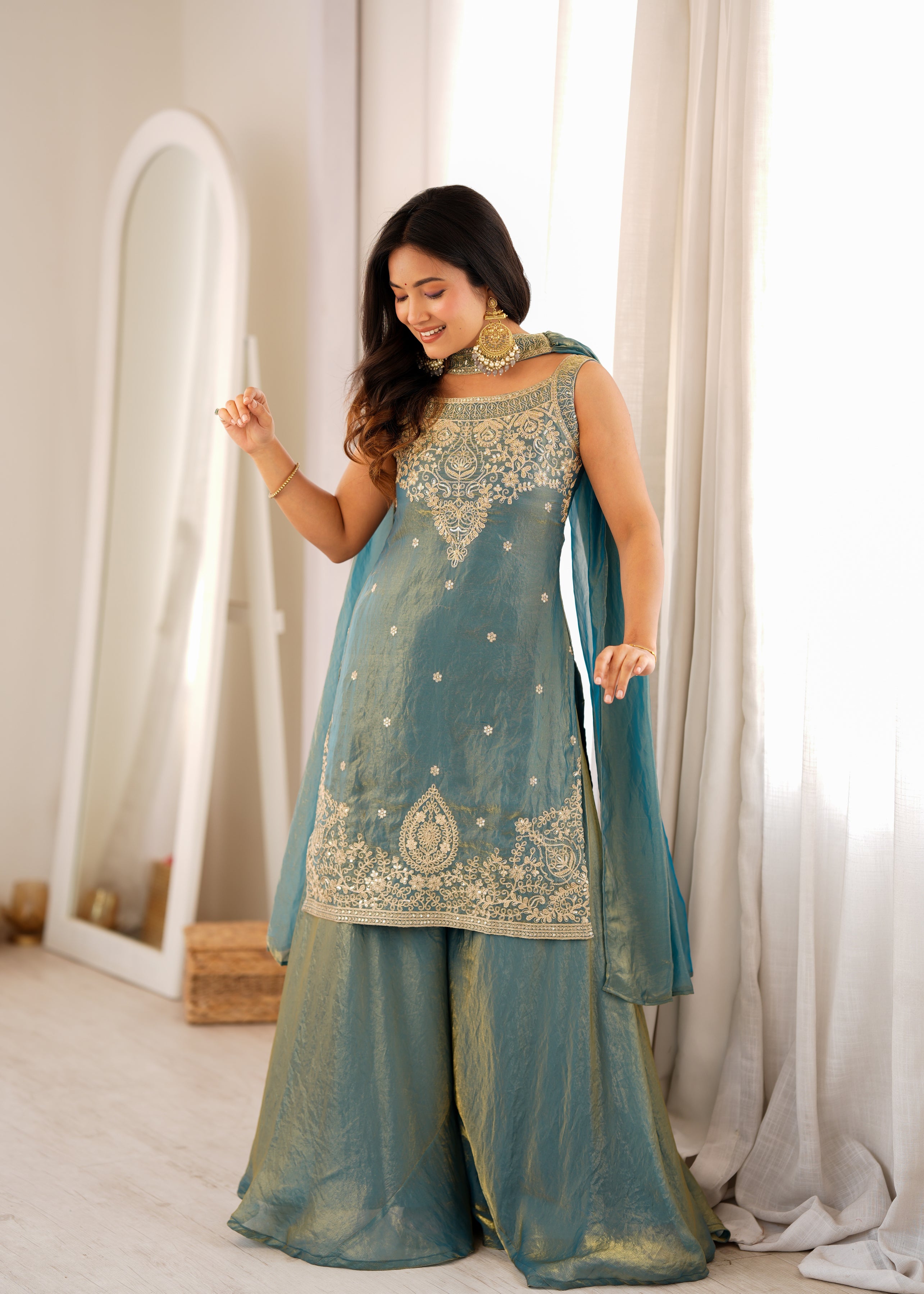Luxury Sea Greeen Fendi Silk Embroidery Kurti Sharara Set with Dupatta
