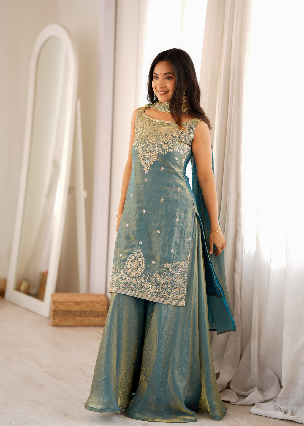 Luxury Sea Greeen Fendi Silk Embroidery Kurti Sharara Set with Dupatta
