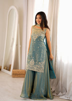 Luxury Sea Greeen Fendi Silk Embroidery Kurti Sharara Set with Dupatta
