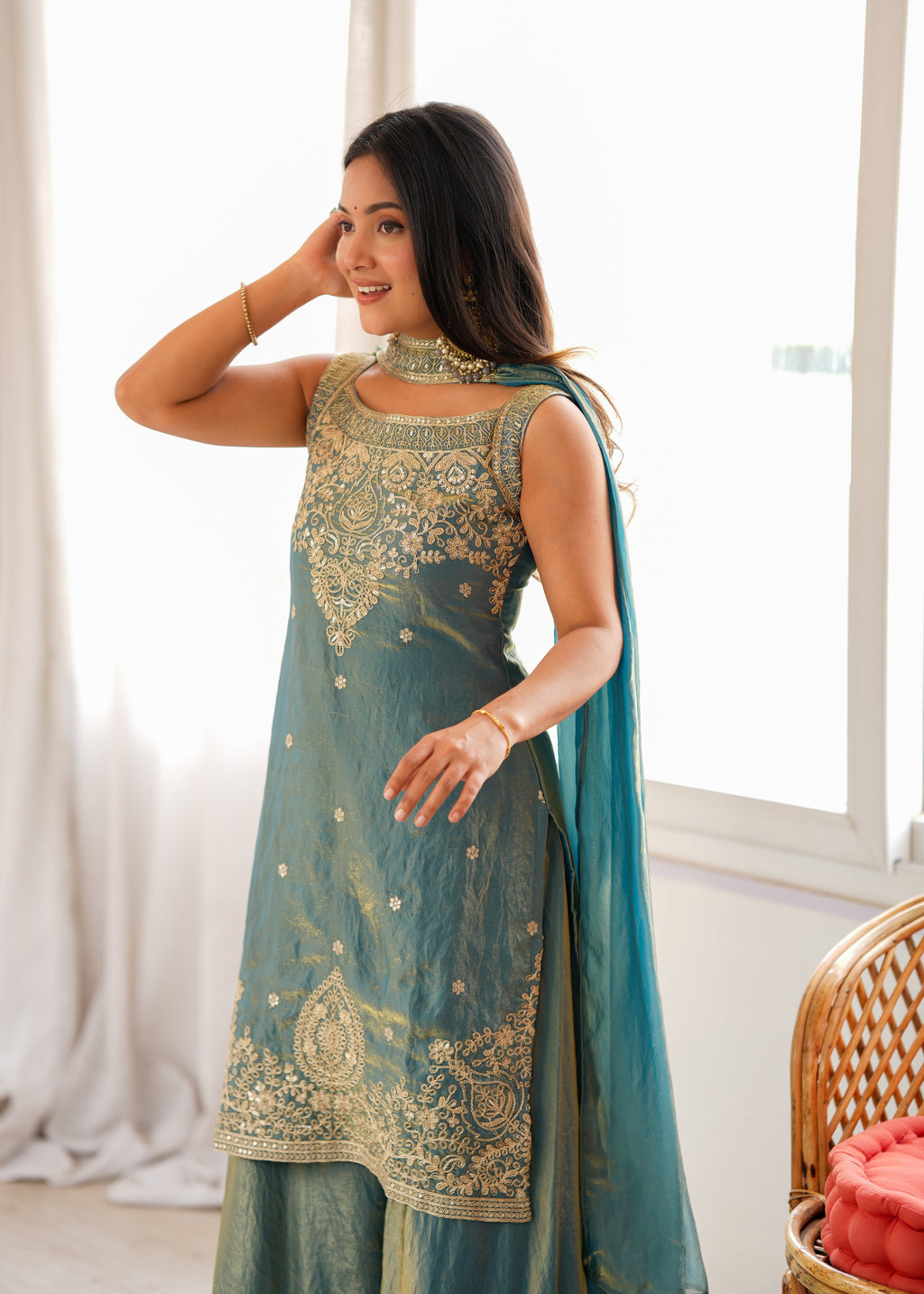 Luxury Sea Greeen Fendi Silk Embroidery Kurti Sharara Set with Dupatta
