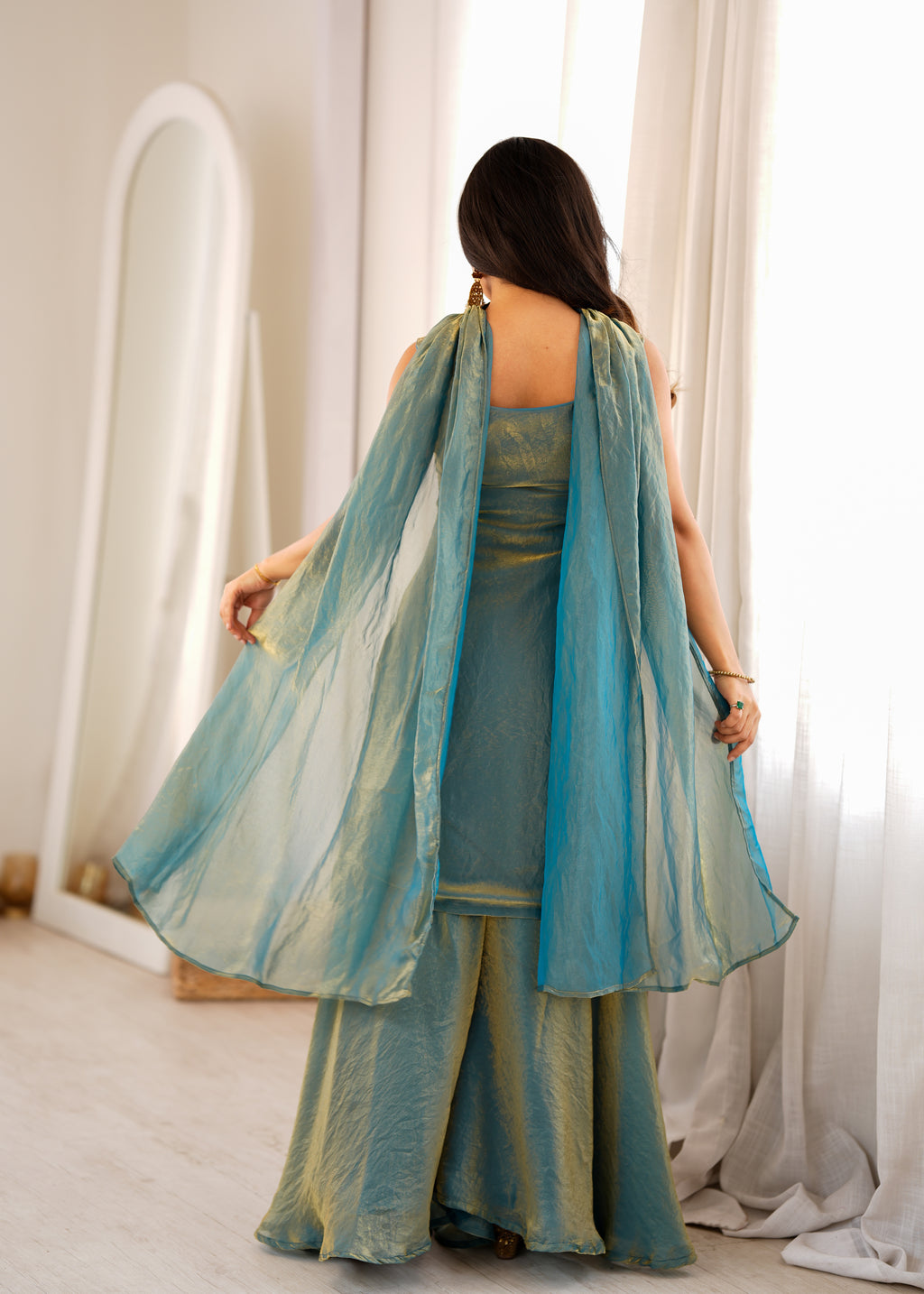 Luxury Sea Greeen Fendi Silk Embroidery Kurti Sharara Set with Dupatta
