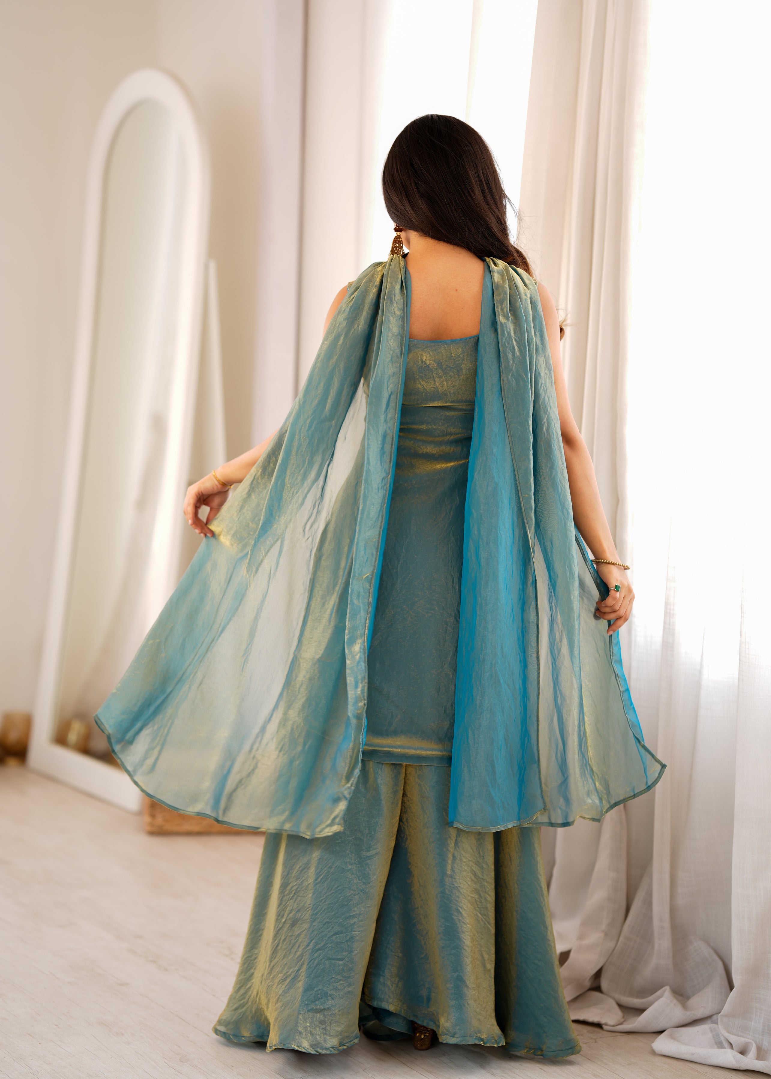 Luxury Sea Greeen Fendi Silk Embroidery Kurti Sharara Set with Dupatta
