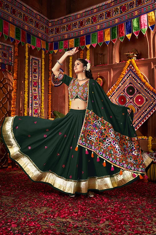 Beautiful Green Mirror Work Chaniya Choli for Navratri