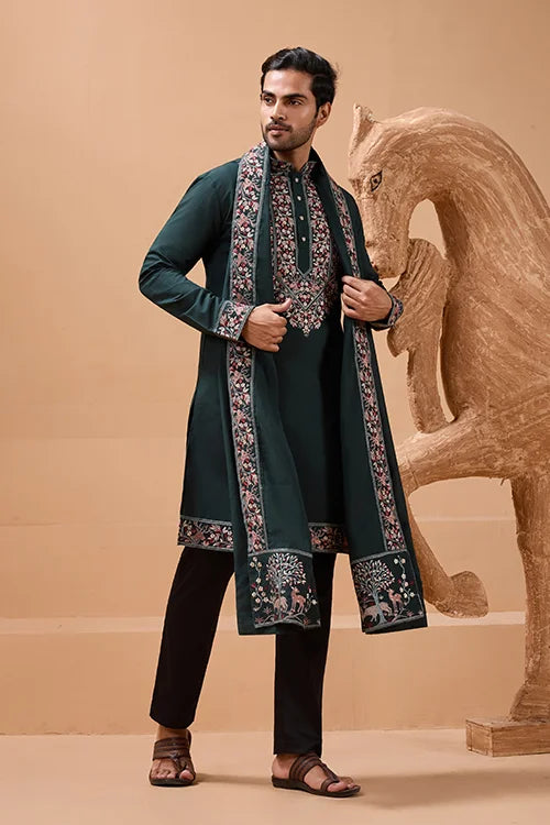 Perfect Green Festival Special Kurta with Dupatta for Mens
