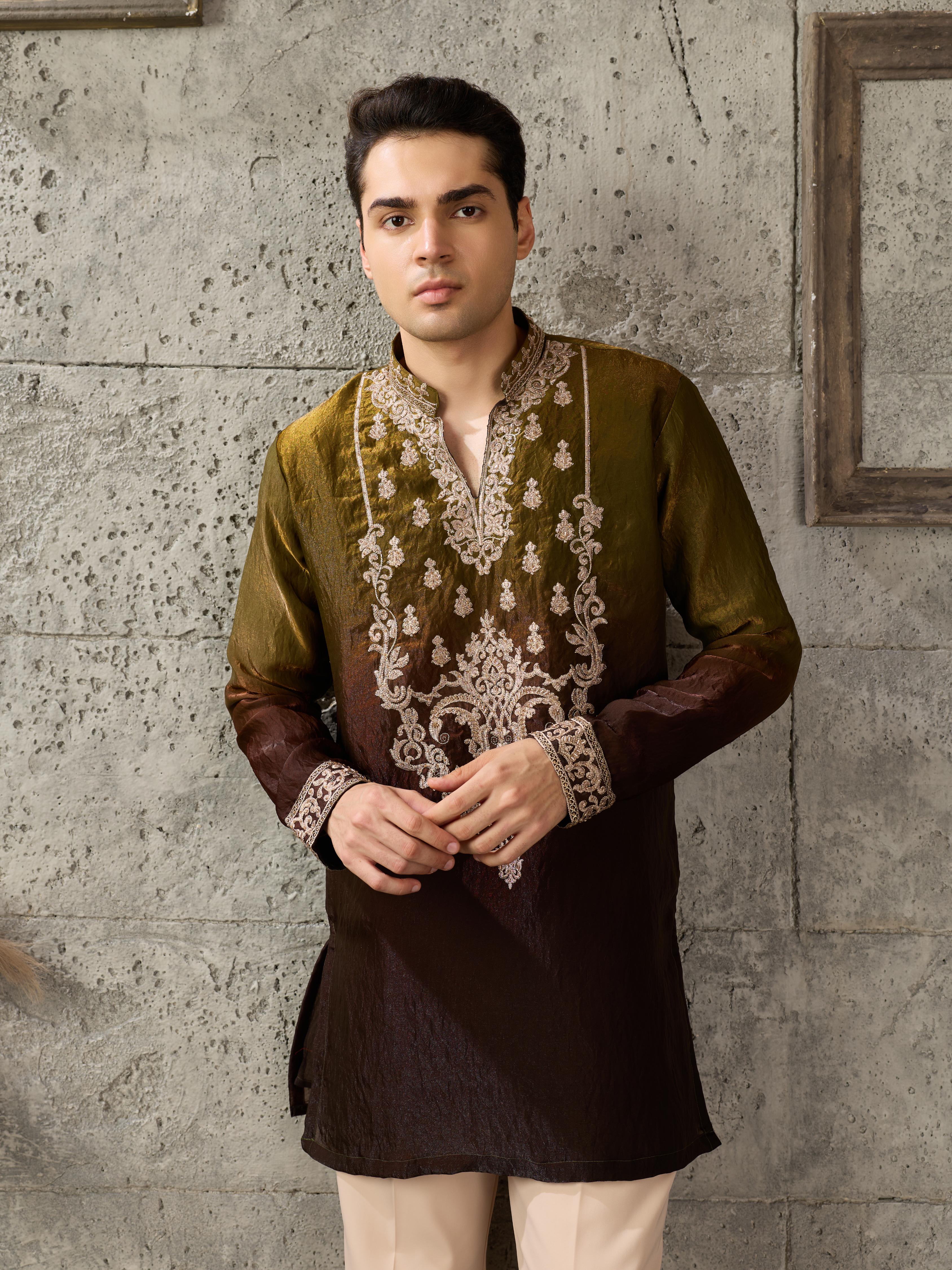 Stylish Green Brown Crush Tissue Beads Work Kurta Set Ethnic Wear

