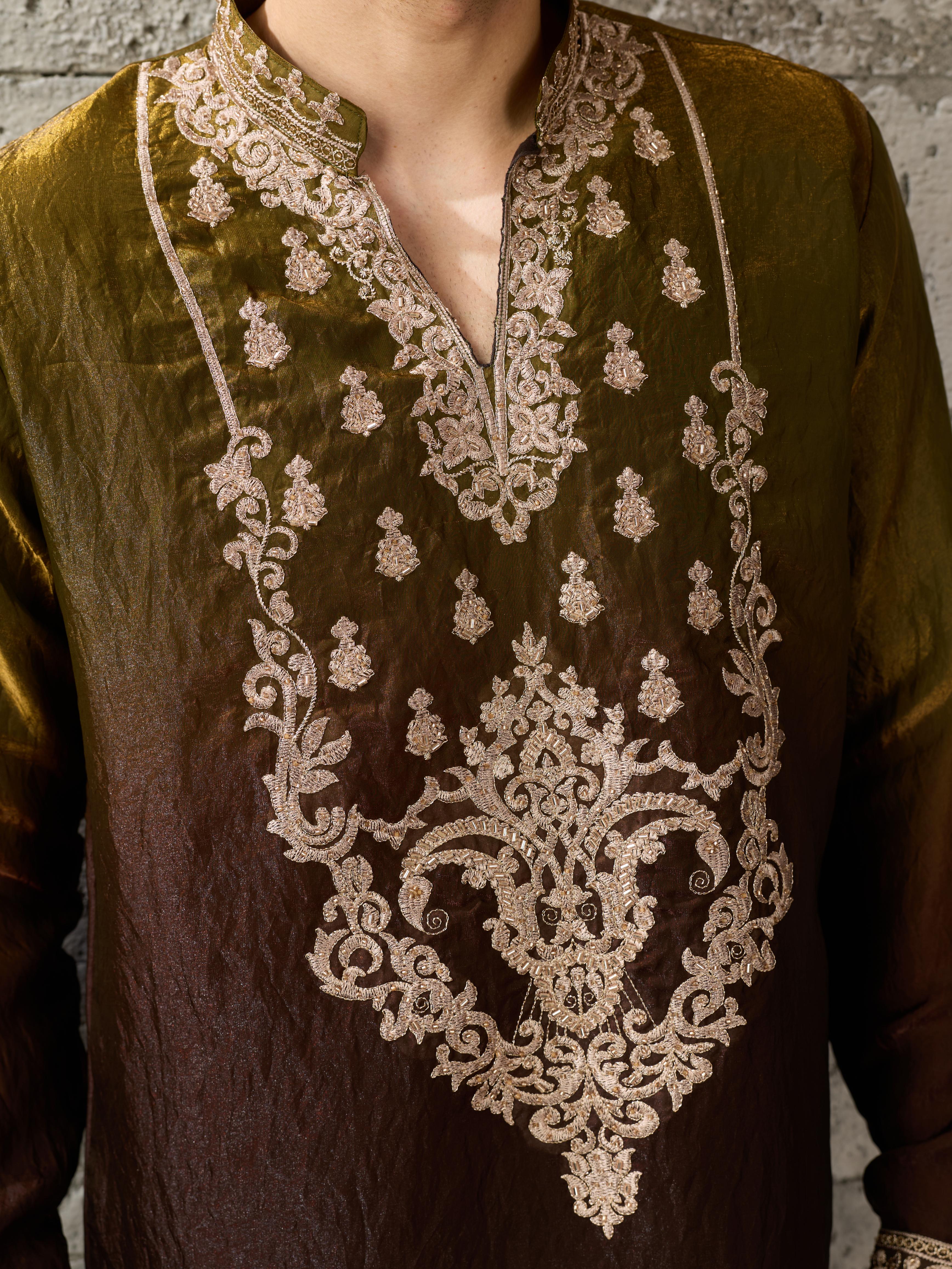 Stylish Green Brown Crush Tissue Beads Work Kurta Set Ethnic Wear
